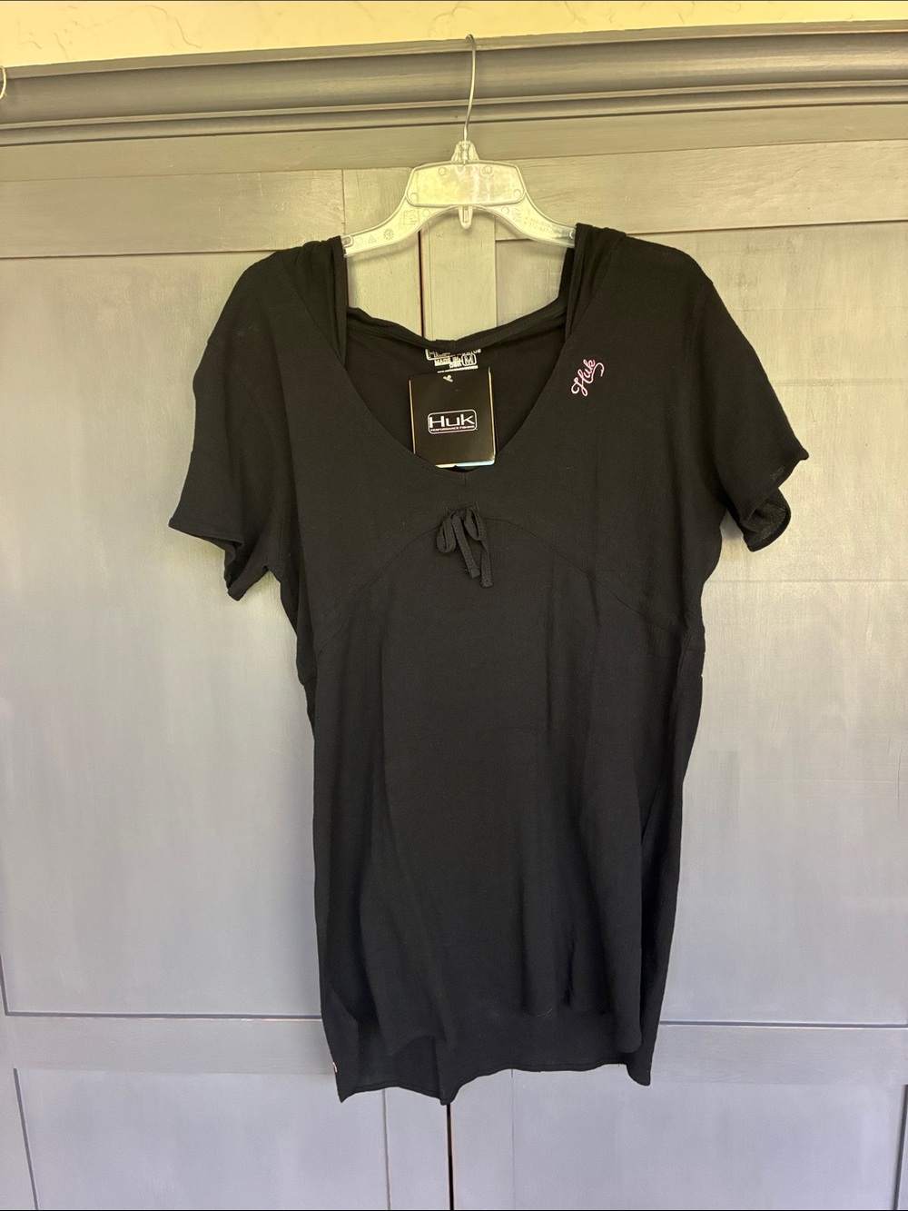 Huk Black Short-Sleeve Hooded cover up with Pink Embroidery